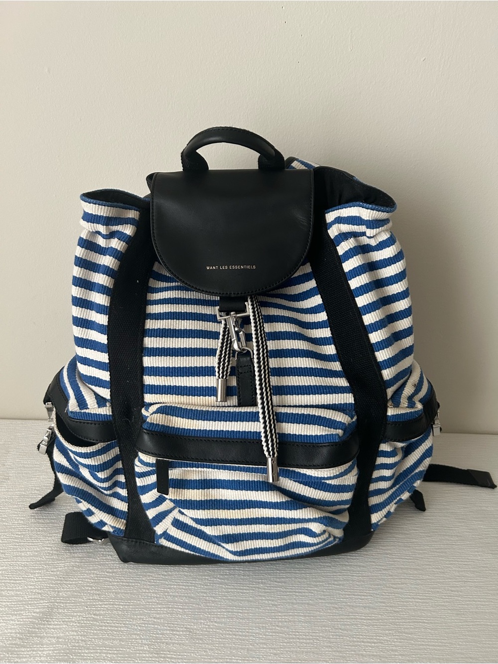 Want Les Essentiels blue and white striped canvas backpack with leather trim